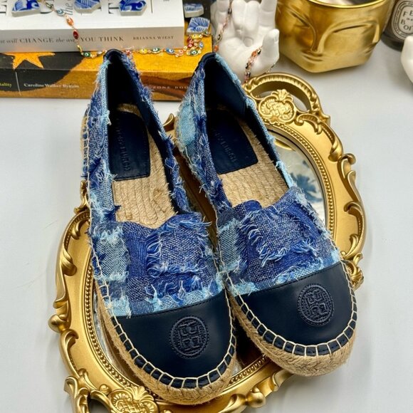 🆕 TORY BURCH 🧿 NWOB Colourblock Frayed Denim Espadrilles, Sz US 10 - Picture 3 of 16